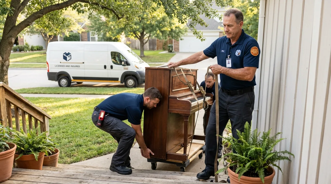Licensed piano movers securing grand piano in Childersburg, AL