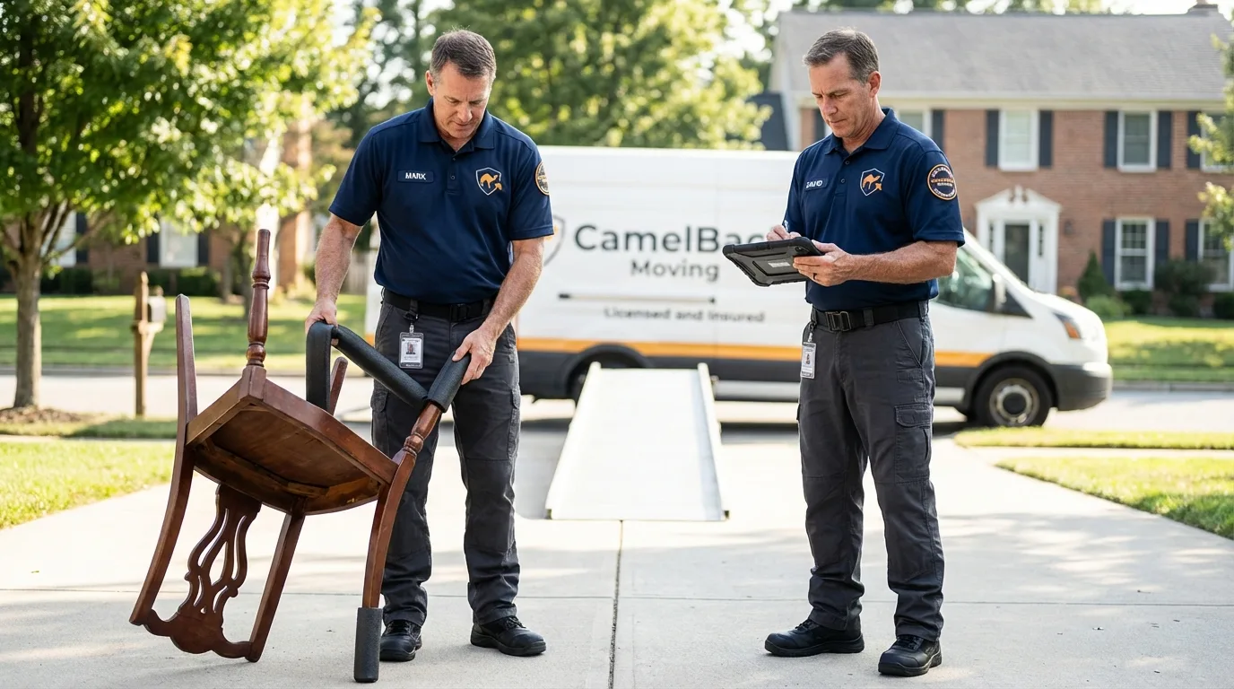 Movers inspecting furniture for damage prevention before loading in Childersburg, AL