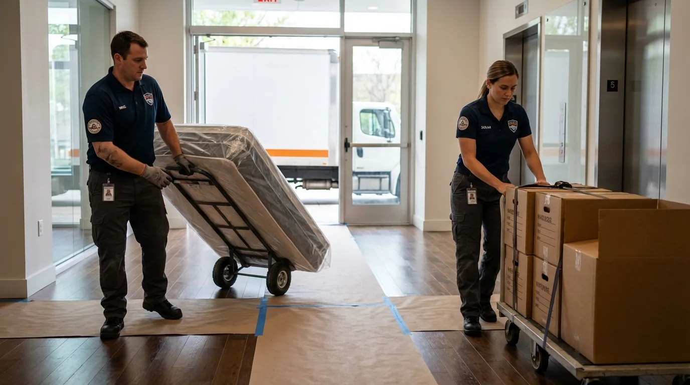 Professional apartment movers loading elevator in Childersburg, AL