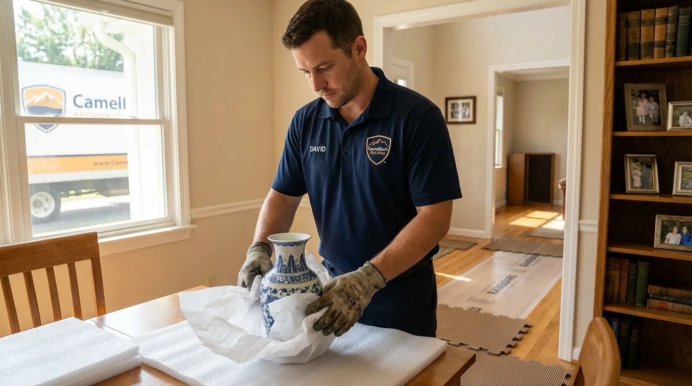 Professional crew carefully wrapping antique vase for senior downsizing move in Childersburg, AL